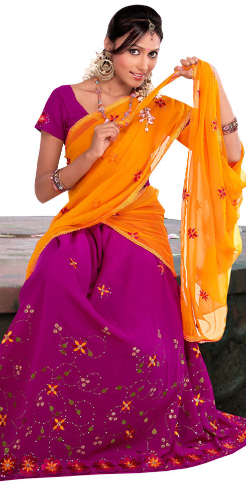 Magenta And Orange Color Pavada Davani (Half Saree)